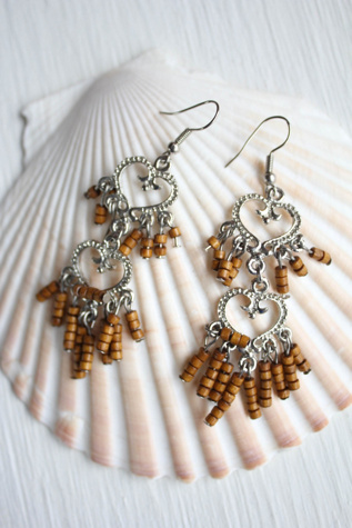 1980s Wooden Beaded Silver Heart Dangle Earrings Selected By Moons + Junes Vintage