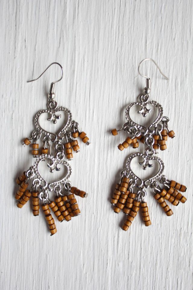 1980s Wooden Beaded Silver Heart Dangle Earrings Selected By Moons + Junes Vintage #2