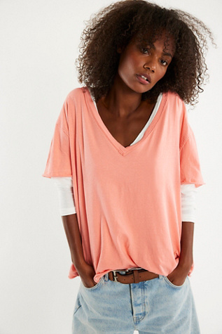We The Free Nina V-Neck Tee at Free People in Coral Crimson, Size: Large