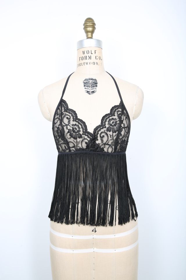 Vintage Sheer Black Lace Bra Top with Fringe Selected by Love Rocks Vintage