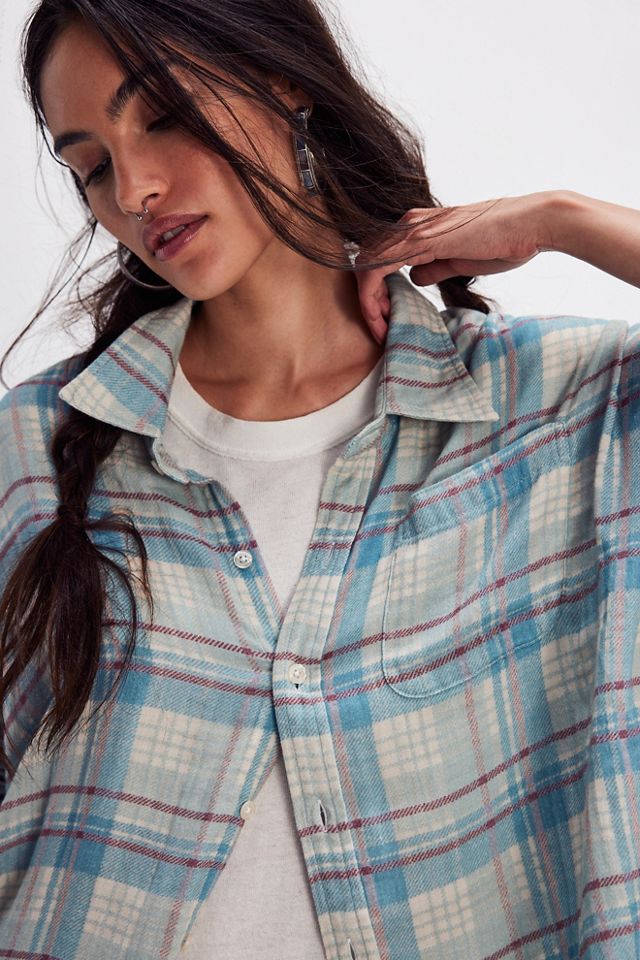 Free People Runaway Plaid And Denim Top popular Slouchy Button Up Seaming Black Gray