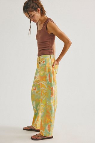 We The Free Good Luck Printed Barrel Jeans at Free People in Green, Size: 31