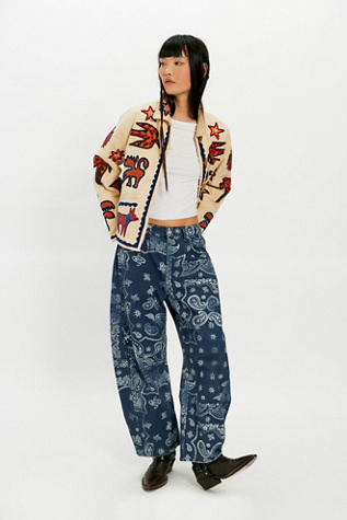 We The Free Good Luck Printed Barrel Jeans at Free People in Dark Wash, Size: 28