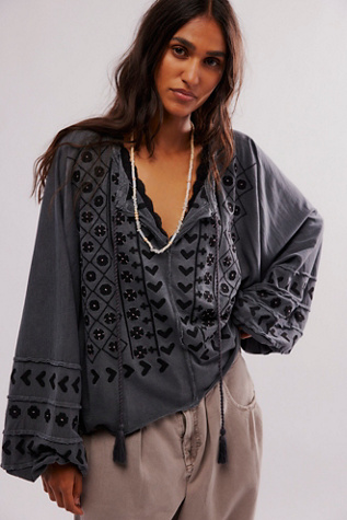 Savannah Embroidered Top at Free People in Washed Black, Size: XS