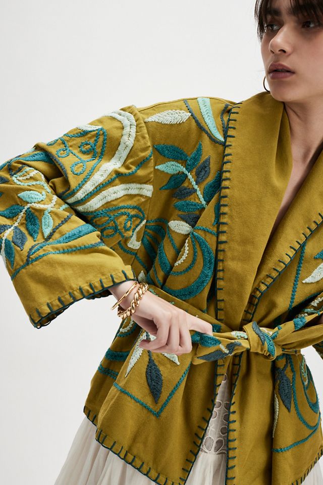 Veste Kimono Brodée Free People Nori Vert - Taille XS, Neuve Avec étiquettes