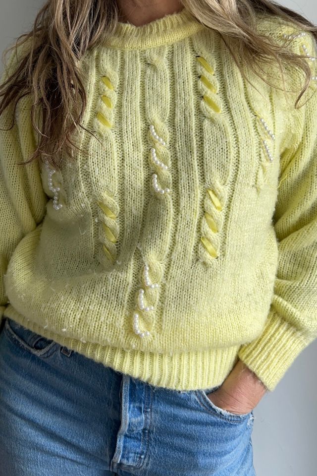 Vintage Yellow Cable Knit Sweater with Pearls and Ribbon Selected by  KA.TL.AK