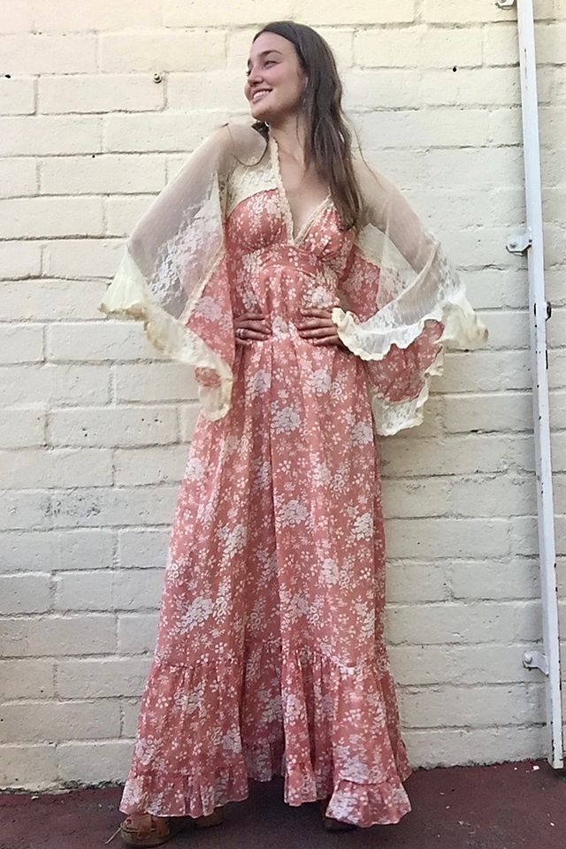 vintage gunne sax dress Addicts Hello Vintage Gunne Sax Cream + Blue Floral Long Sleeve Maxi Dress Clementine Linen Gown - M/L