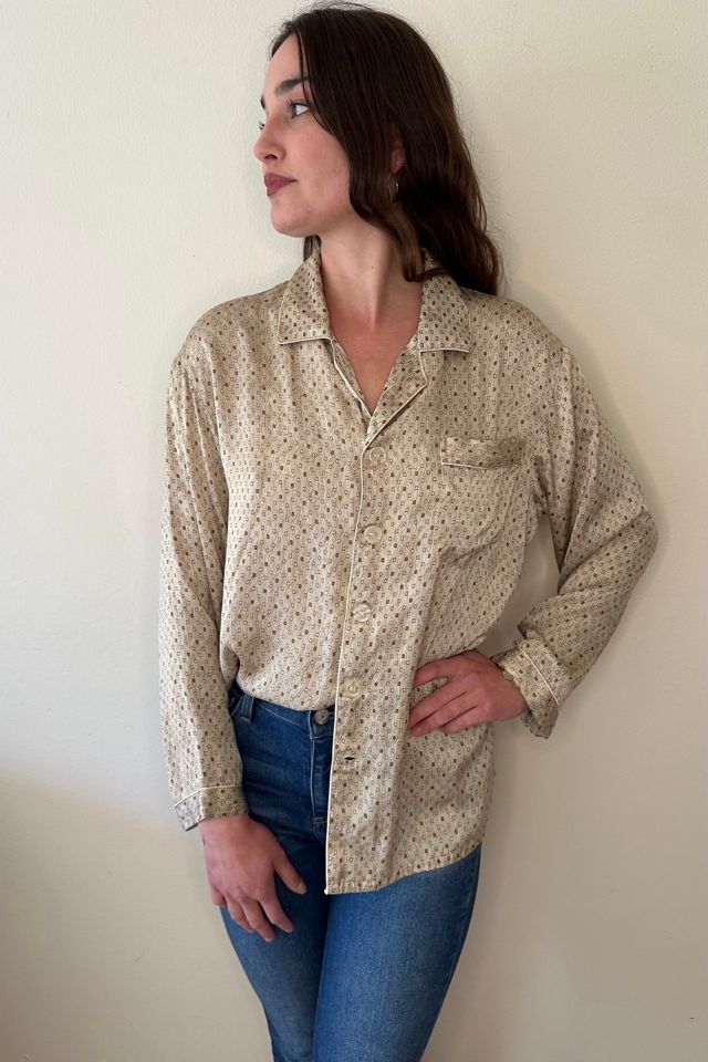 Vintage Taupe Tiny Foulard Print Silk Blouse Selected by Picky Jane #1