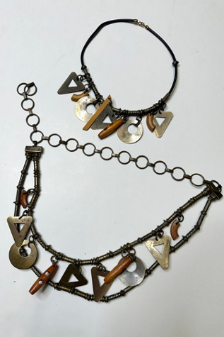 Vintage 1980s Brass and Wood Charm Belt and Necklace Set Selected by Cherry
