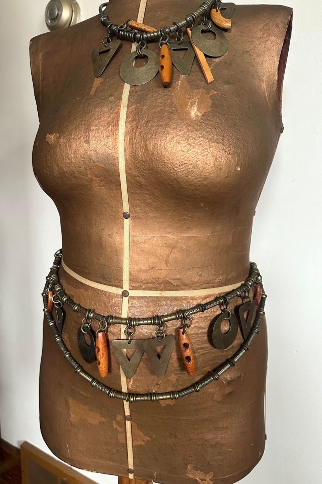 Vintage 1980s Brass and Wood Charm Belt and Necklace Set Selected by Cherry #1
