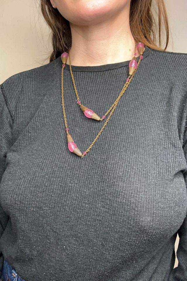 1960s Brass Chain and Pink Glass Bead Necklace Selected by Cherry #1