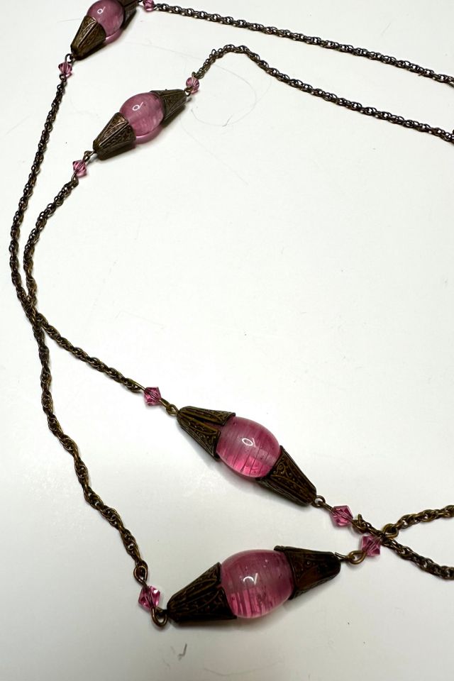 1960s Brass Chain and Pink Glass Bead Necklace Selected by Cherry #3