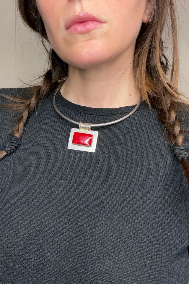1970s Modernist Sterling Choker with Red Stone Pendant Selected by Cherry #1
