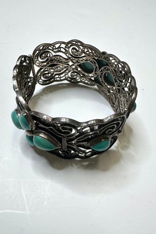 Vintage Southwest Sterling an Turquoise Ornate Cuff Selected by Cherry