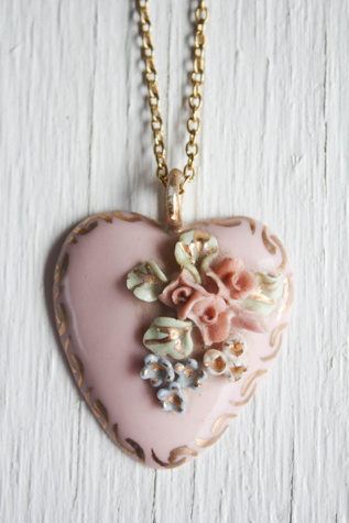 Vintatge Hand-Painted Porcelain Floral Heart Pendant Necklace Selected By Moons + Junes Vintage