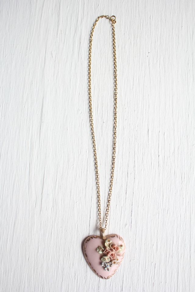 Vintatge Hand-Painted Porcelain Floral Heart Pendant Necklace Selected By Moons + Junes Vintage #1