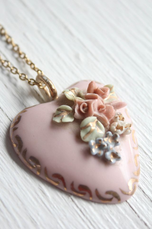 Vintatge Hand-Painted Porcelain Floral Heart Pendant Necklace Selected By Moons + Junes Vintage #2