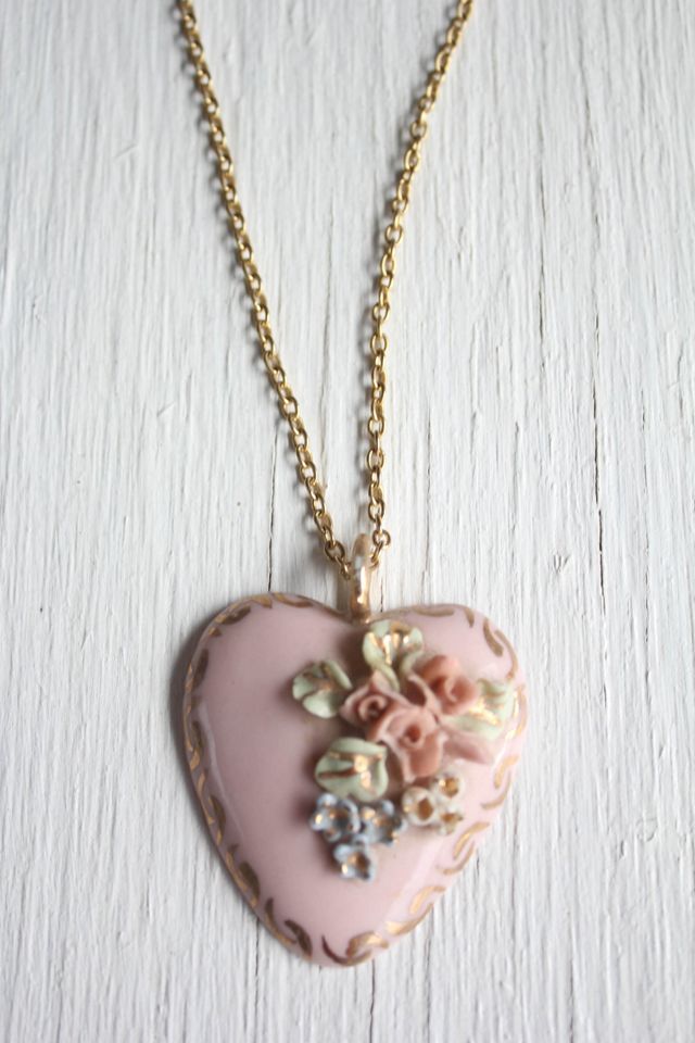 Vintatge Hand-Painted Porcelain Floral Heart Pendant Necklace Selected By Moons + Junes Vintage #3