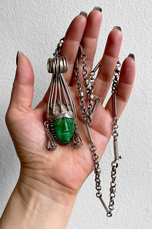 Vintage Mid-Century Taxco Sterling Silver Carved Face Headdress Necklace Selected by MARMALADE #1