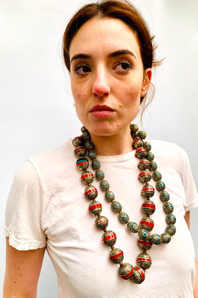 Vintage Ethnic Turquoise & Silver Bead Necklace On String Selected by Nomad Vintage #1