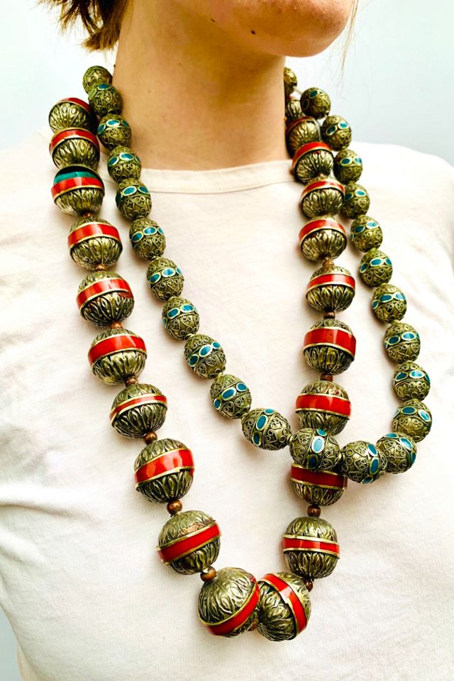 Vintage Ethnic Turquoise & Silver Bead Necklace On String Selected by Nomad Vintage #2