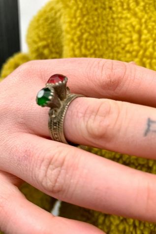 Vintage Ethnic Etched Ring with Red & Green Glass Selected by Nomad Vintage