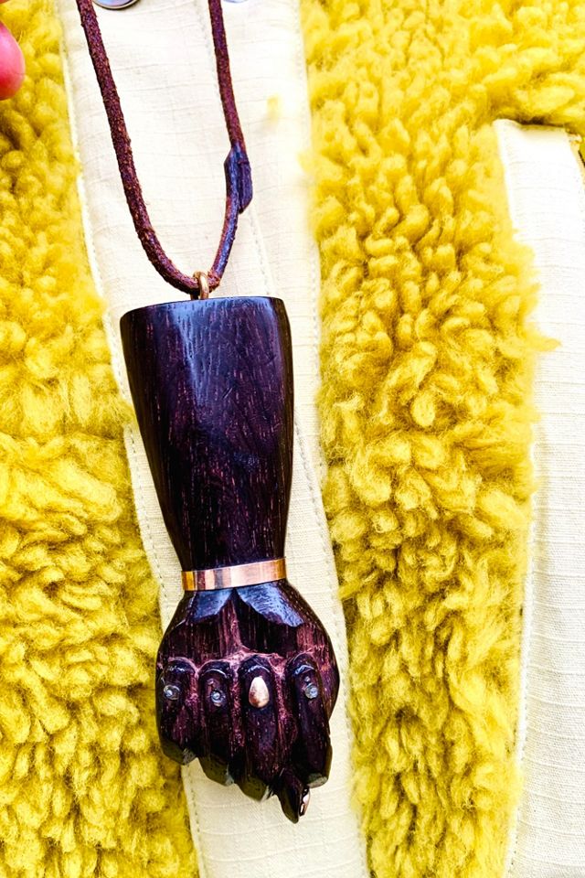 Vintage Large Carved Wood Figa Pendant Necklace Selected by Nomad Vintage #1