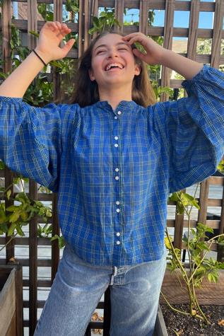 Plaid peasant top on sale