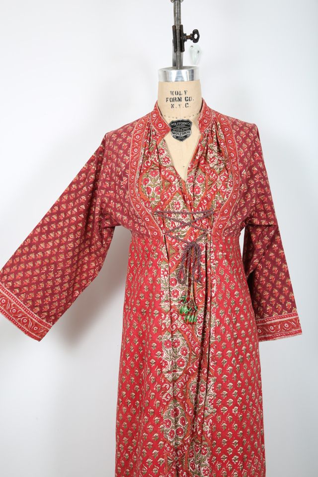 Maxi Abito Hippie Anokhi In Cotone Stampato A Blocchi, Caftano Boho Giallo, Vintage India - Foto 3
