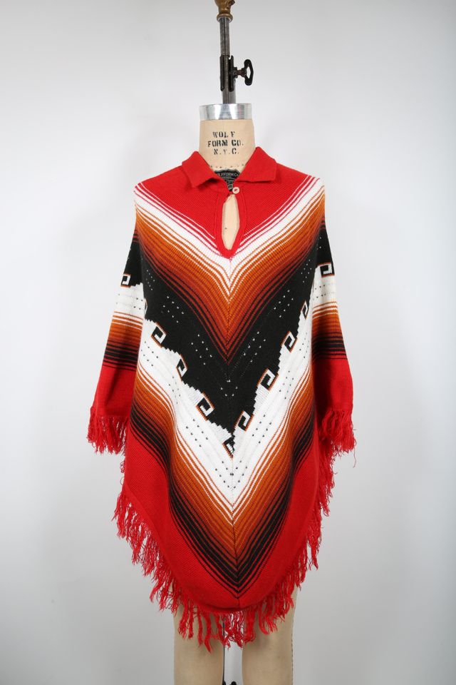 Vintage Red Multi Color Poncho with Fringe Selected by Love Rocks Vintage