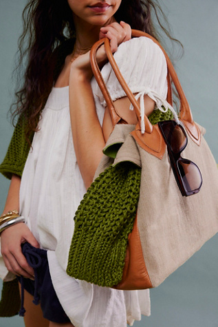 Lin And Leather Tote at Free People in Cognac