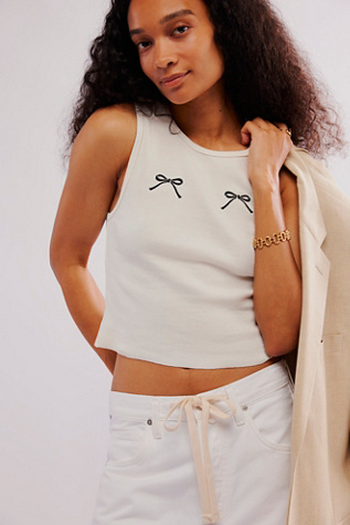 Bow Embroidered Tank Top at Free People in Ivory, Size: Medium