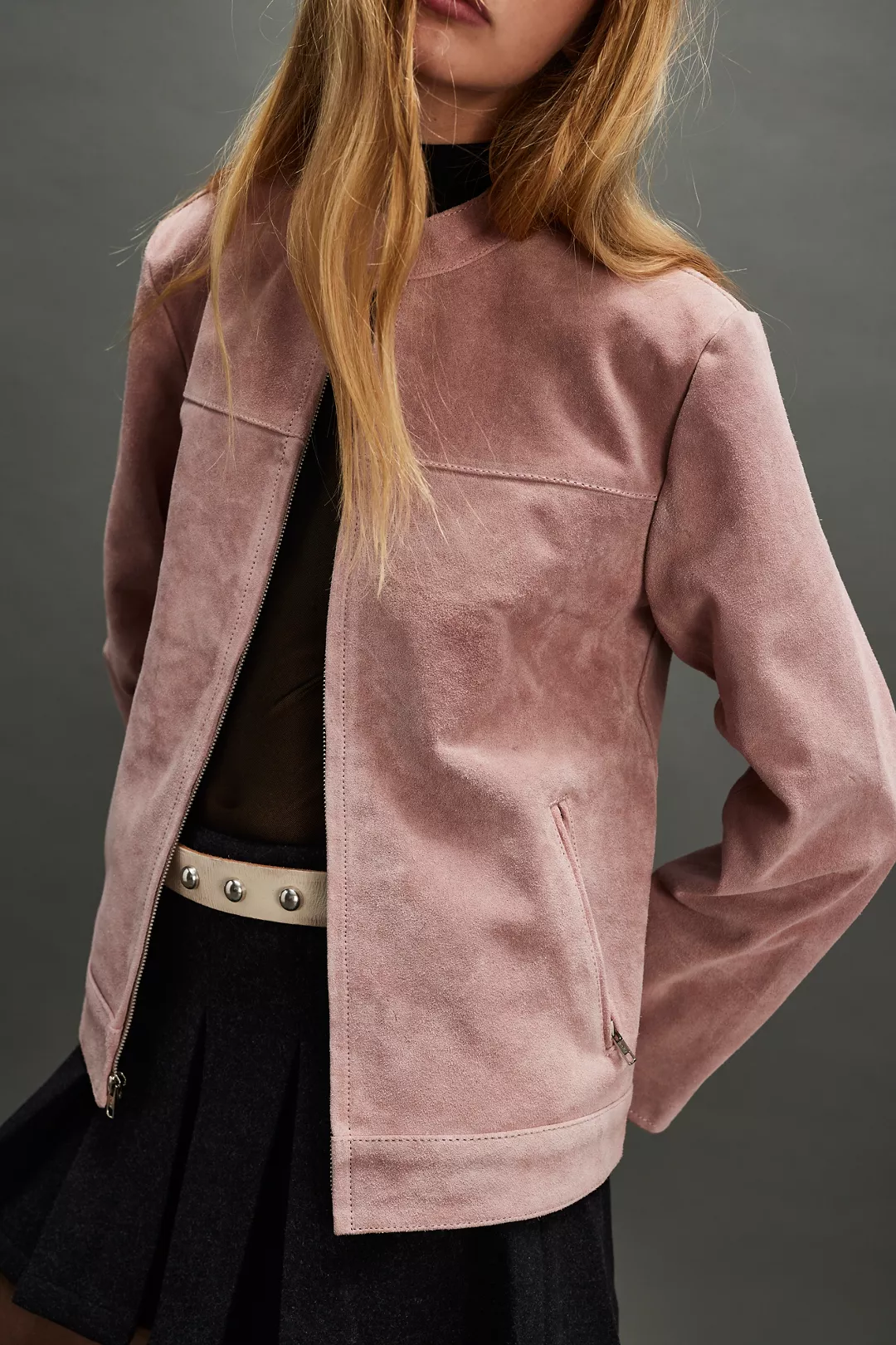 Free People pink Understated suede Leather Looker Jacket