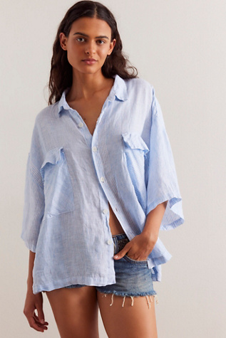 CP Shades Mixed Stripe Short-Sleeve Shirt at Free People in Blue Combo, Size: XS