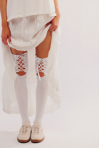 Ticked And Tied Over The Knee Socks at Free People in Ivory