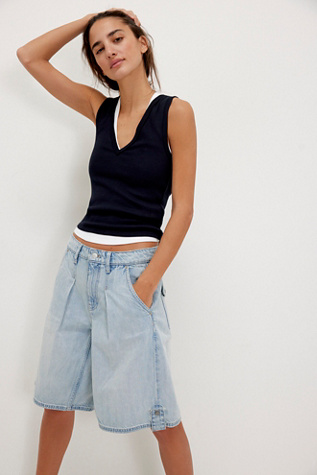 We The Free Rue Denim Long Shorts At Free People In Light Beam Blue, Size: 32