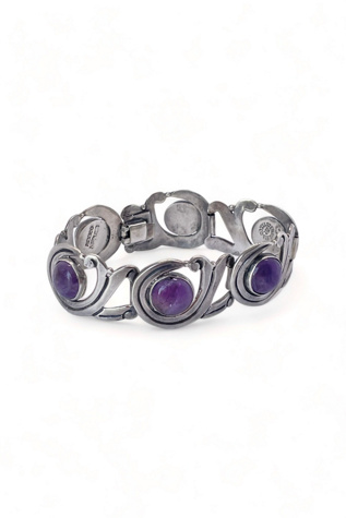Mid-Century Amethyst Cabochon Sterling Silver Panel Bracelet Selected by MARMALADE