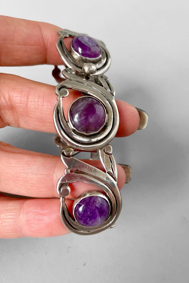 Mid-Century Amethyst Cabochon Sterling Silver Panel Bracelet Selected by MARMALADE #1