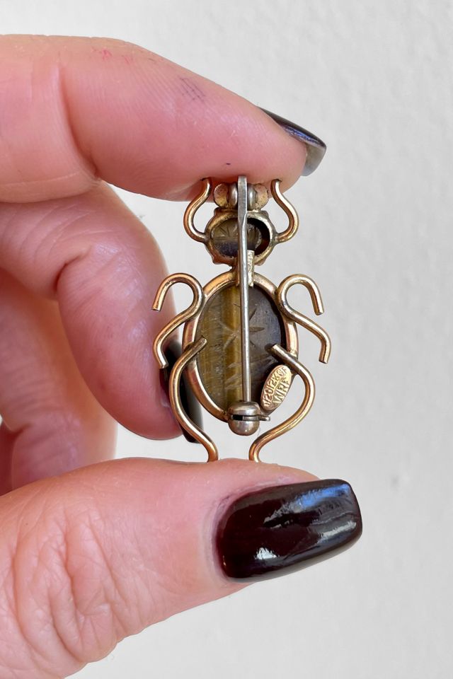 Vintage 12K Gold Fill Carved Tiger Eye Scarab Pin Selected by MARMALADE #1