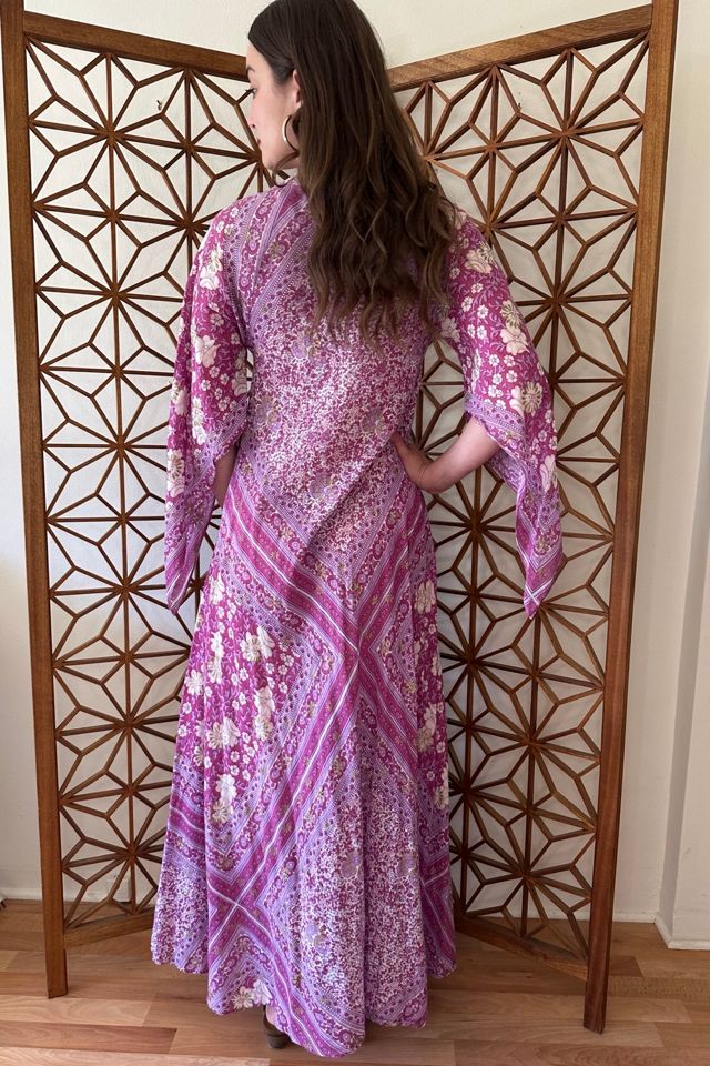 Vintage Bias Cut Block Printed Angel Sleeve Maxi Dress