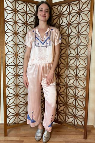 1920s Vintage Handmade Folk Embroidered Silk Satin 2-Piece Set Selected by Picky Jane