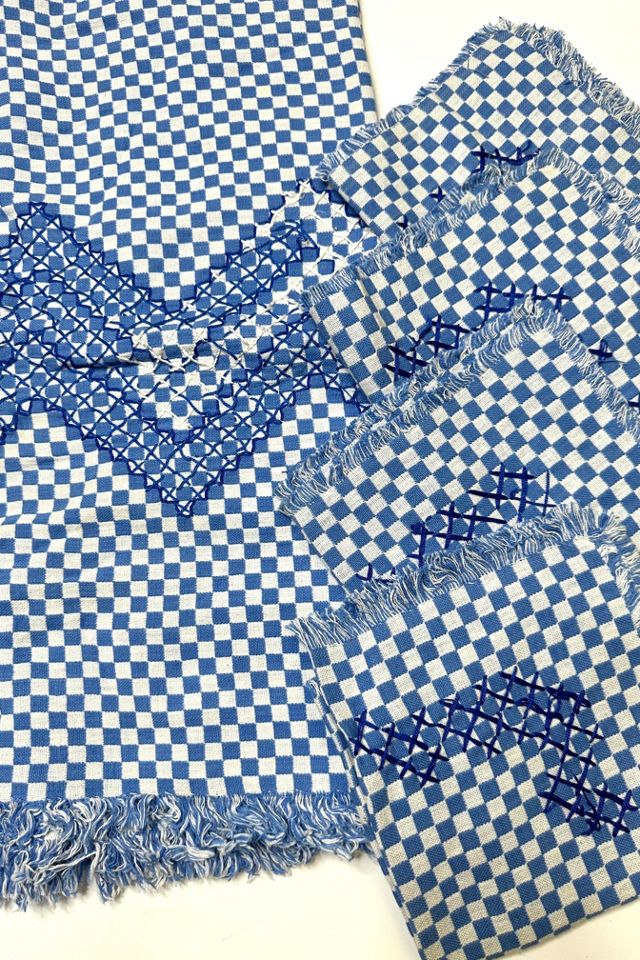 Vintage 1960s Blue Gingham Tablecloth and Napkins Set Selected by Cherry #1