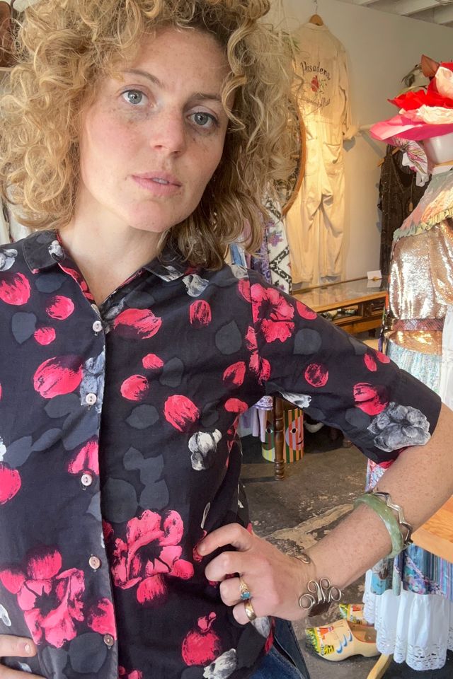 Vintage Rose Pattern Black Short Sleeve Button Down Selected by The Curatorial Dept. #1