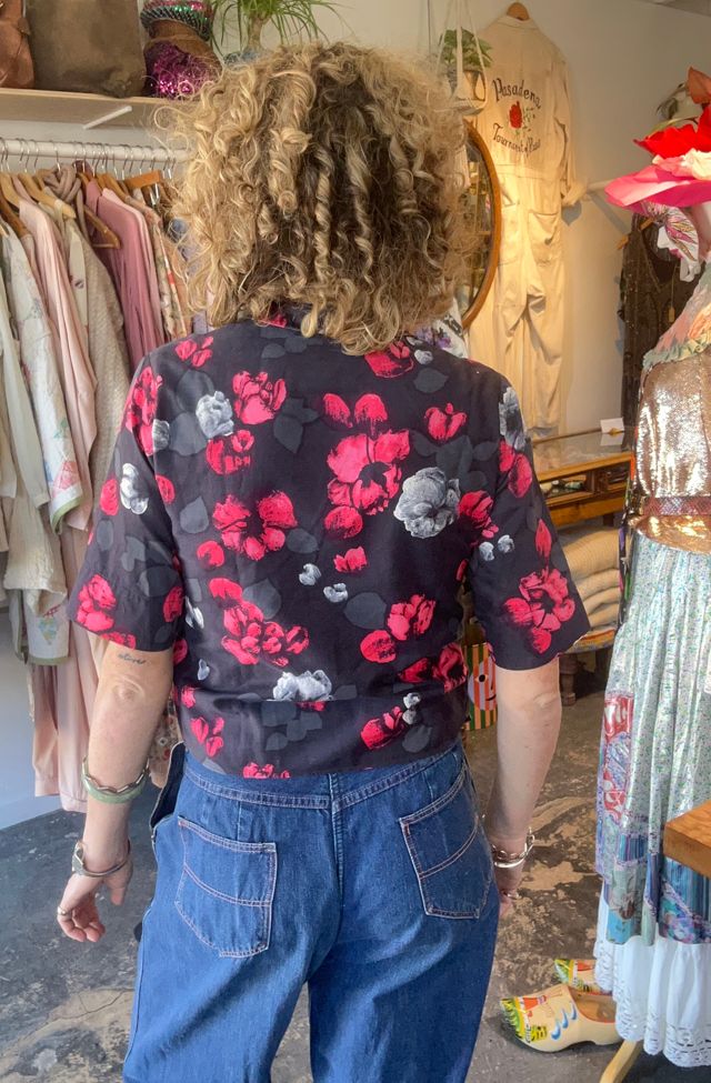 Vintage Rose Pattern Black Short Sleeve Button Down Selected by The Curatorial Dept. #2