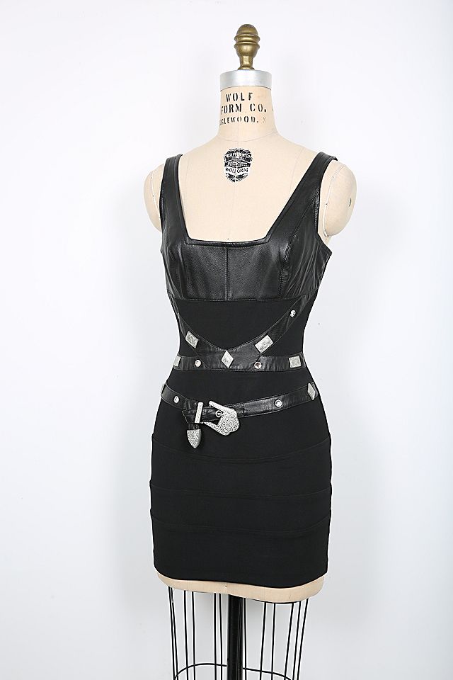 Black Leather Mini Dress with Silver Studs & Belt Details Black Leather Mini Dress with Silver Studs & Belt Details