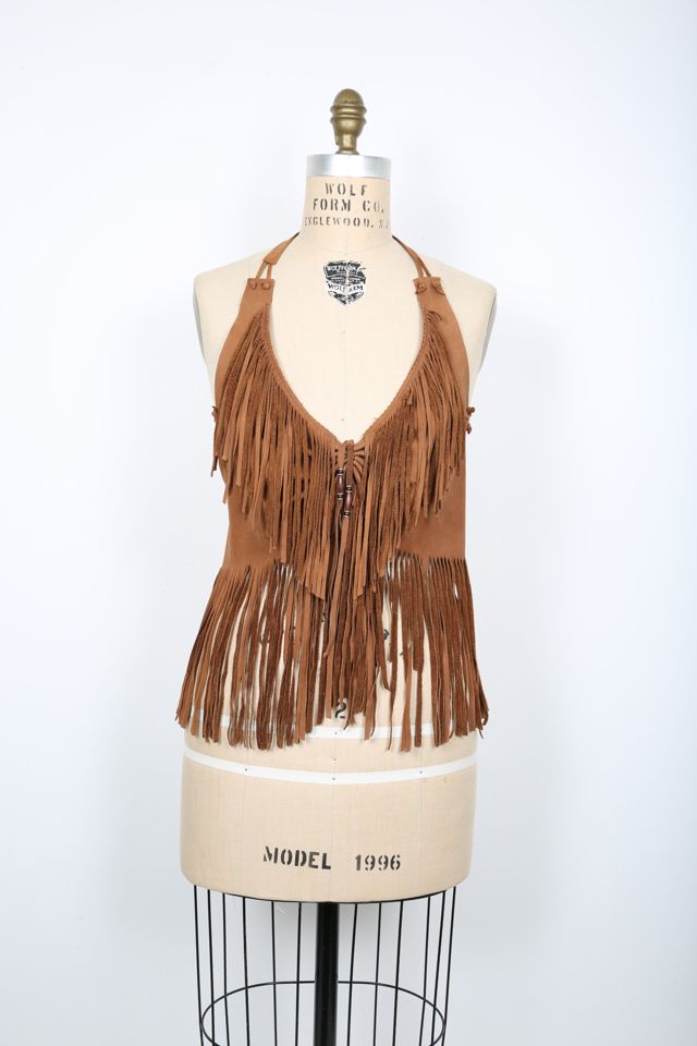 TAN LEATHER FRINGE high quality HALTER TOP.