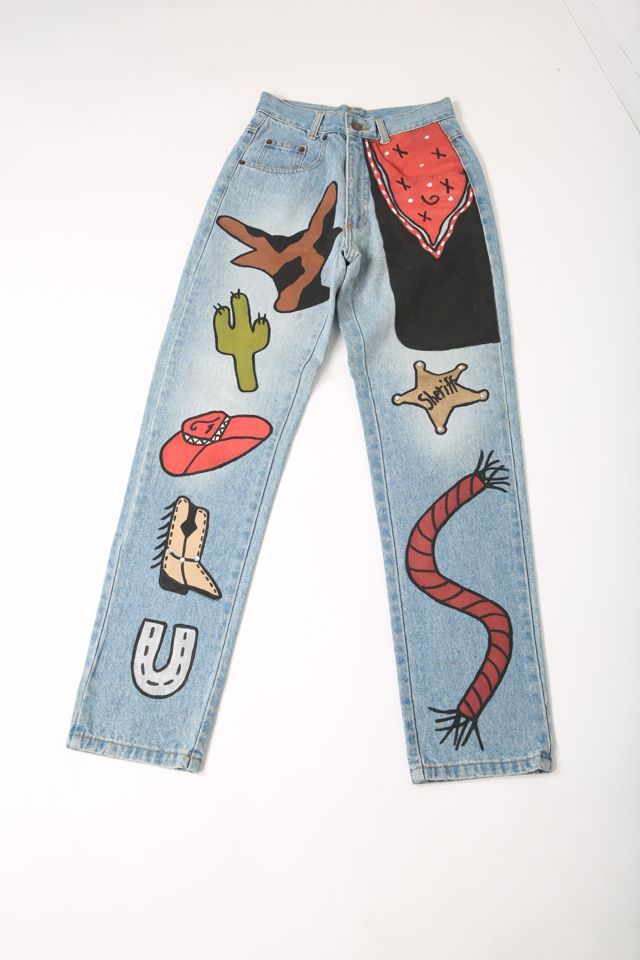 80s 90s Vintage Western Cowgirl Artisian Hand Painted Jeans Selected by Love Rocks Vintage Free People