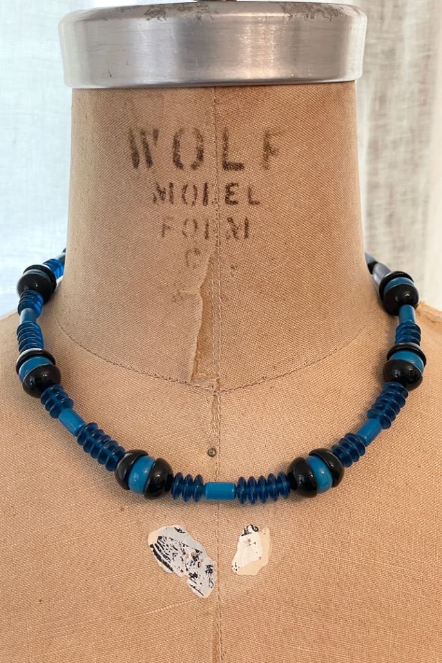Vintage Blue and Black Glass Bead Choker Necklace Selected by FernMercantile #1