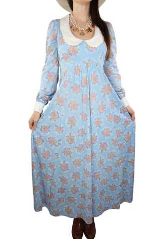 1970s Baby Blue Floral Prairie Maxi Dress Selected By Moons + Junes Vintage