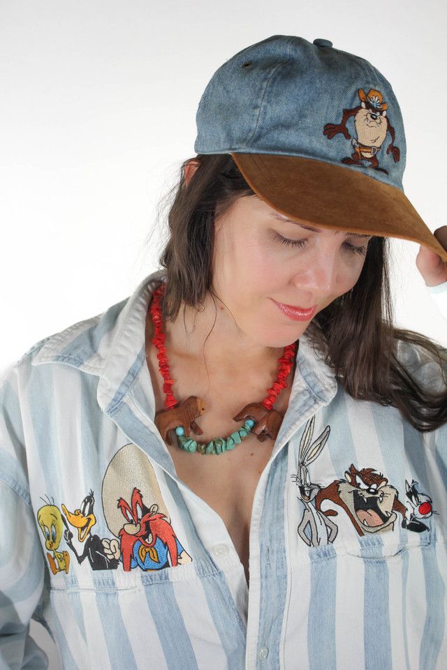 Vintage Looney Tunes Embroidered Pinstripe Denim Button Down Selected By Moons + Junes Vintage #1